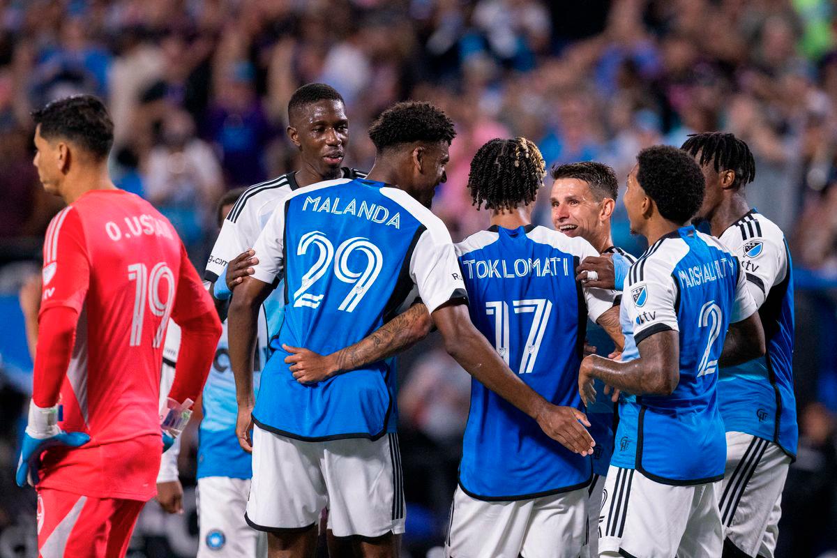 Sep 13, 2025; Charlotte, North Carolina, USA; Charlotte FC forward Idan Toklomati (17) celebrates after scoring against the Inter Miami in the second half at Bank of America Stadium. - Scott Kinser-Imagn Images via REUTERS