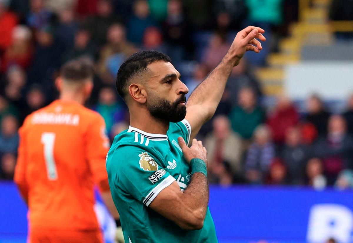 Soccer Football - Premier League - Burnley v Liverpool - Turf Moor, Burnley, Britain - September 14, 2025 Liverpool's Mohamed Salah celebrates scoring their first goal. - REUTERS