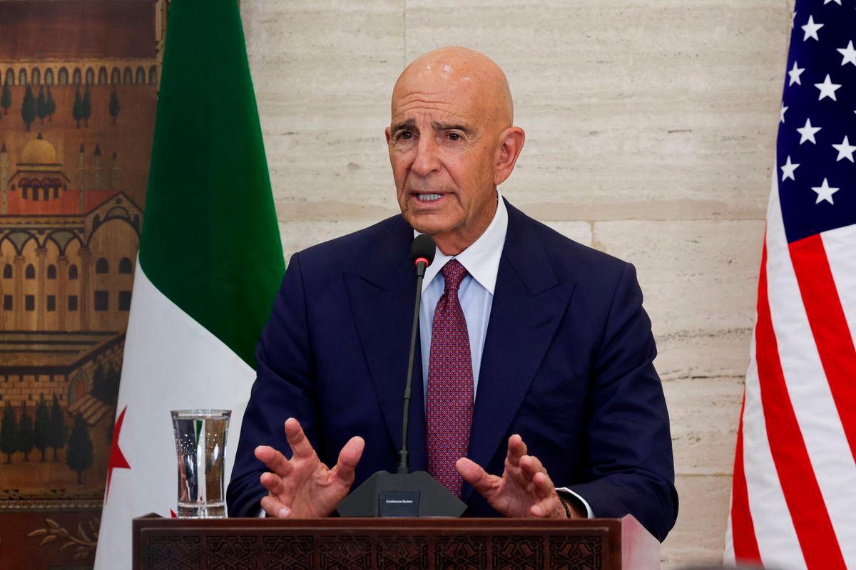 U.S. special envoy for Syria Tom Barrack speaks during a press conference with Syrian Foreign Minister Asaad Hassan al-Shibani and Jordanian Foreign Minister Ayman Safadi, in Damascus, Syria September 16, 2025. REUTERS/Khalil Ashawi