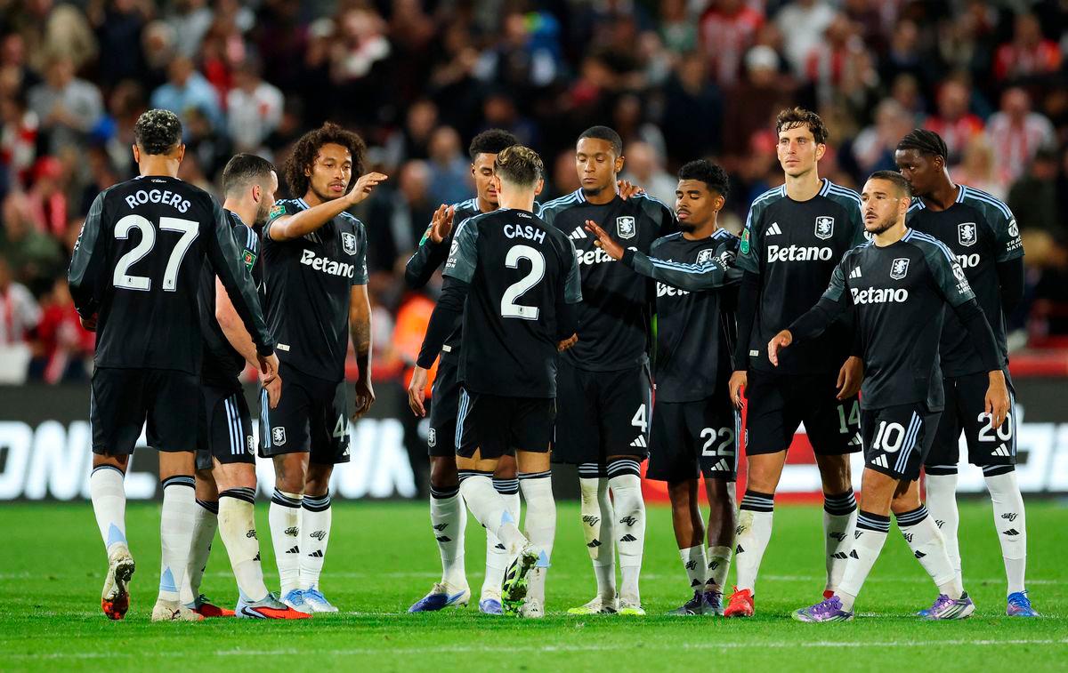 Aston Villa’s Matty Cash, Morgan Rogers, Ezri Konsa, Ian Maatsen, Pau Torres, Emiliano Buendia, and Jamaldeen Jimoh-Aloba. Action Images via Reuters