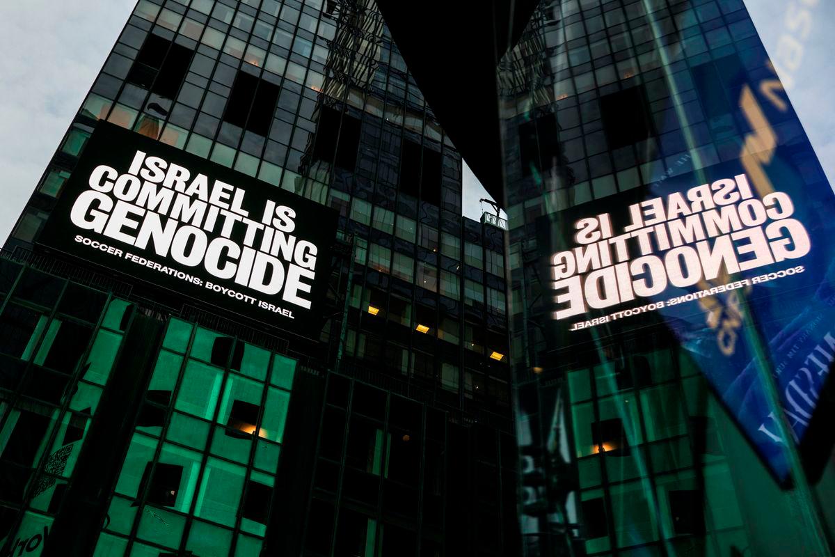 A billboard in Times Square displays the message “Israel is committing genocide” as part of the campaign by Game Over Israel calling for a boycott of Israel by national soccer federations over the war in Gaza, in New York City, U.S., September 16, 2025. Reuterspix