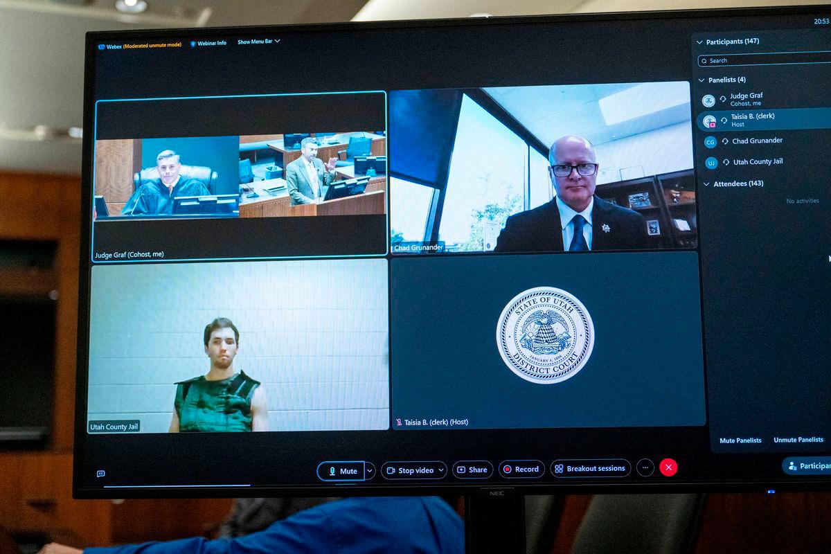 Tyler Robinson, 22, the suspect in the shooting death of Charlie Kirk, appears by camera before Judge Tony Graf in Utah’s 4th District Court on Tuesday, Sept. 16, 2025, for his initial appearance in Provo, Utah. Scott G Winterton/Pool via Reuters