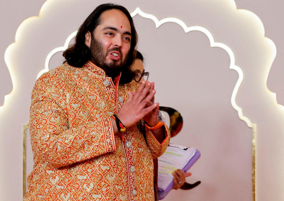 Anant Ambani gestures on the day of his wedding with Radhika Merchant in Mumbai, India, July 12, 2024. REUTERS/Francis Mascarenhas