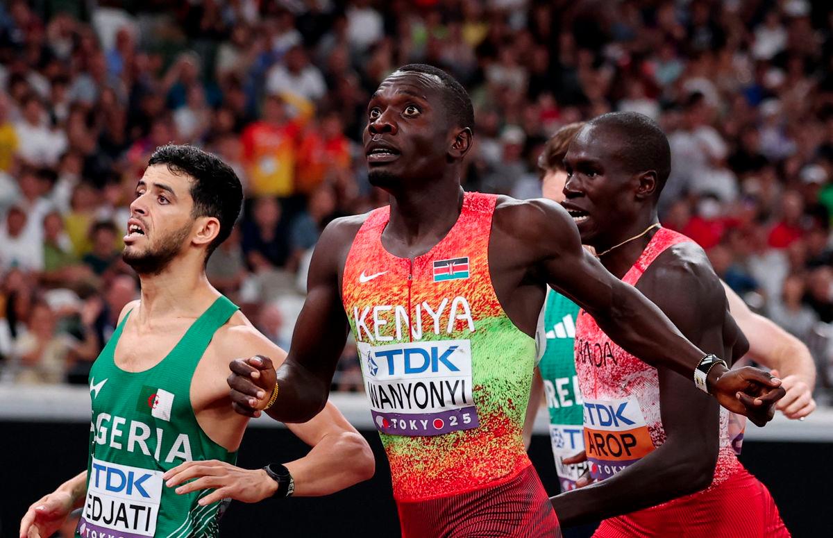 World Athletics Championships Tokyo 2025 - Men's 800m Final - Japan National Stadium, Tokyo, Japan - September 20, 2025Kenya's Emmanuel Wanyonyi crosses the line to win gold in the final ahead of Algeria's Djamel Sedjati who wins silver and Canada's Marco Arop who wins bronze - REUTERSPIX