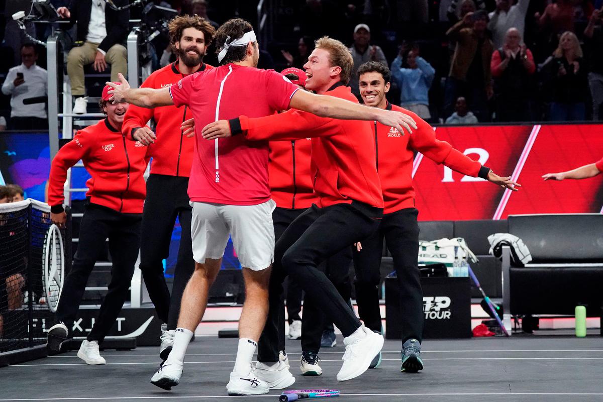Team World player Alex Michelsen celebrates with Taylor Fritz after match point against Team Europe during the Laver Cup at Chase Center. - David Gonzales-Imagn Images