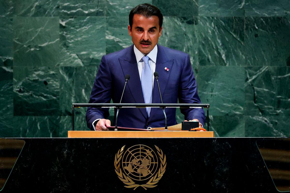 Qatar's Emir Sheikh Tamim bin Hamad Al Thani addresses the 80th United Nations General Assembly at U.N. headquarters in New York, U.S., September 23, 2025. - REUTERSPIX