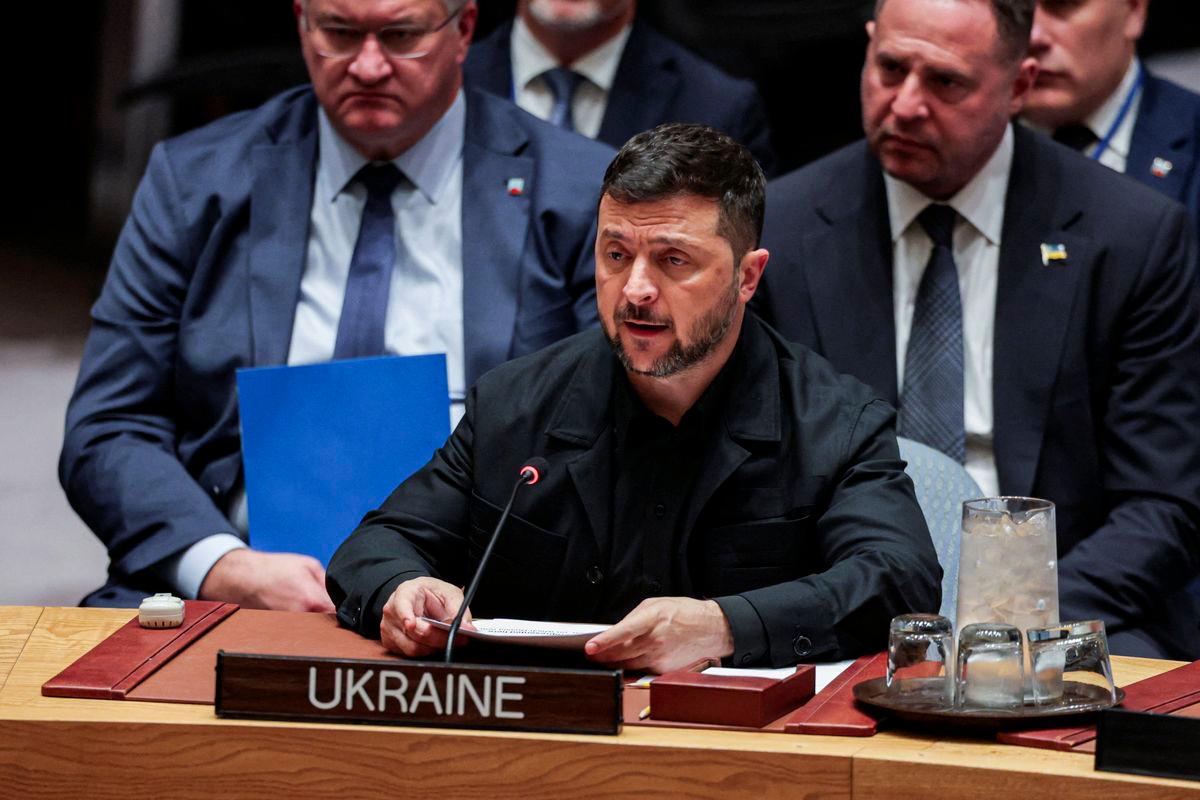 Ukraine’s President Zelenskiy addresses members of the U.N. Security Council during a high-level meeting of the United Nations Security Council on the conflict between Russia and Ukraine at U.N. headquarters in New York City, U.S., September 23, 2025. - REUTERSPIX