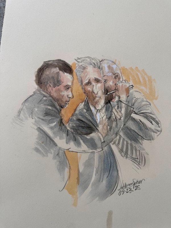 Ryan Routh, 59, appears to try to stab himself with a pen after the verdict is read finding him guilty for the attempted assassination of Donald Trump, then a former U.S. president and Republican presidential candidate, when he pointed a rifle through a fence while Trump was golfing at the Trump International Golf Club in West Palm Beach, at a courthouse in Fort Pierce, Florida, U.S., September 23, 2025, in this sketch. - REUTERSPIX