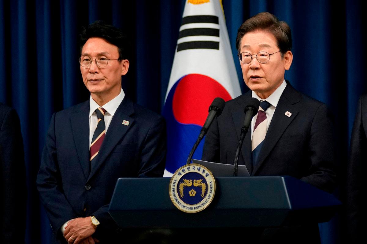 FILE PHOTO: South Korean President Lee Jae-myung speaks during a press conference with Kim Min-seok, appointed as Prime Minister, at the Presidential office in Seoul, South Korea, Wednesday, June 4, 2025. Ahn Young-joon/Pool via REUTERS/File Photo