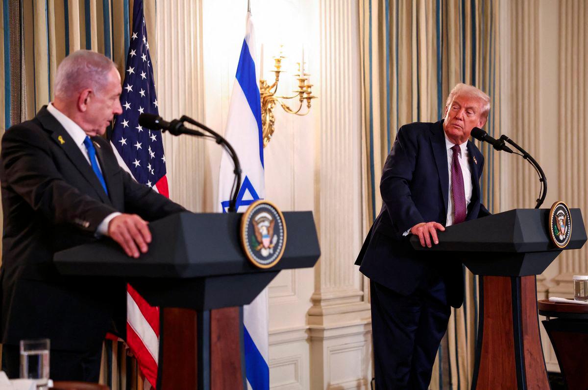 U.S. President Donald Trump and Israeli Prime Minister Benjamin Netanyahu hold a joint press conference in the State Dining Room at the White House, in Washington, D.C., U.S., September 29, 2025. - REUTERSPIX