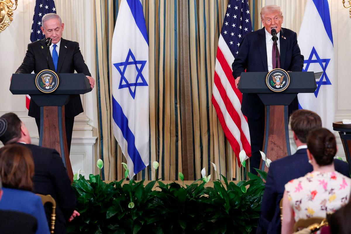 U.S. President Donald Trump and Israeli Prime Minister Benjamin Netanyahu hold a joint press conference in the State Dining Room at the White House in Washington, D.C., U.S., September 29, 2025. - REUTERSPIX