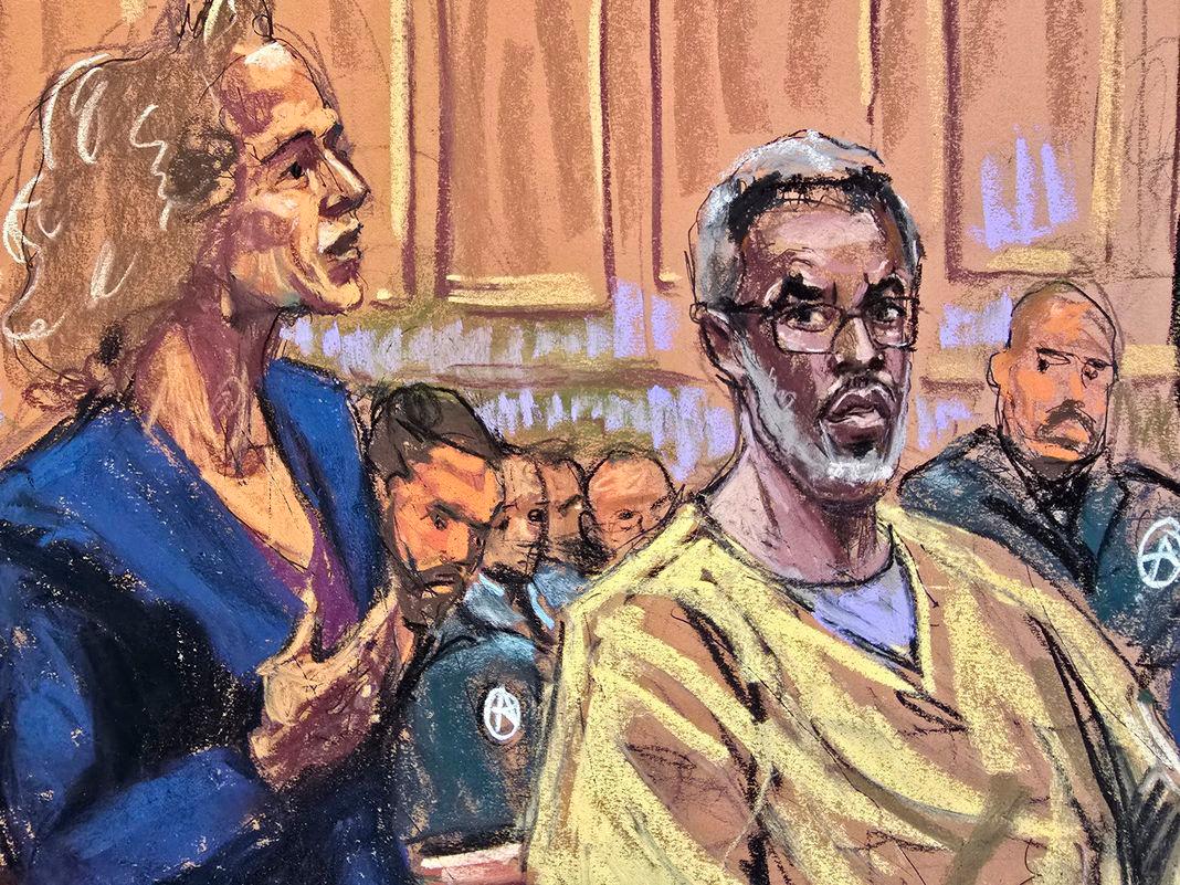 Sean Diddy Combs listens as lawyer Alexandra Shapiro argues during a hearing over his bid to overturn his conviction on charges of transportation to engage in prostitution, at a courtroom in New York, U.S., September 25, 2025 in this courtroom sketch. - REUTERSPIX
