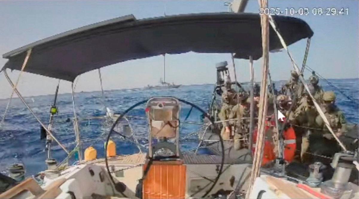 A screengrab from a live stream video shows Israeli navy forces approaching the vessel the Marinette, believed to be the only ship from the Global Sumud Flotilla still sailing towards Gaza, which flotilla organisers report has now been intercepted, October 3, 2025. Global Sumud Flotilla/Handout via REUTERS