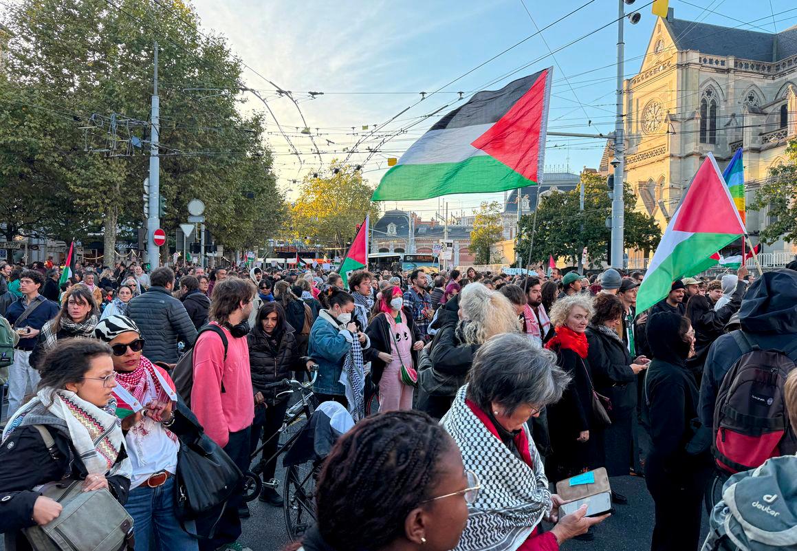 People attend a demonstration in support of the Global Sumud Flotilla, after Israel intercepted some of the vessels of the Flotilla aiming to reach Gaza and break Israel's naval blockade, in Geneva, Switzerland, October 2, 2025. - REUTERSPIX