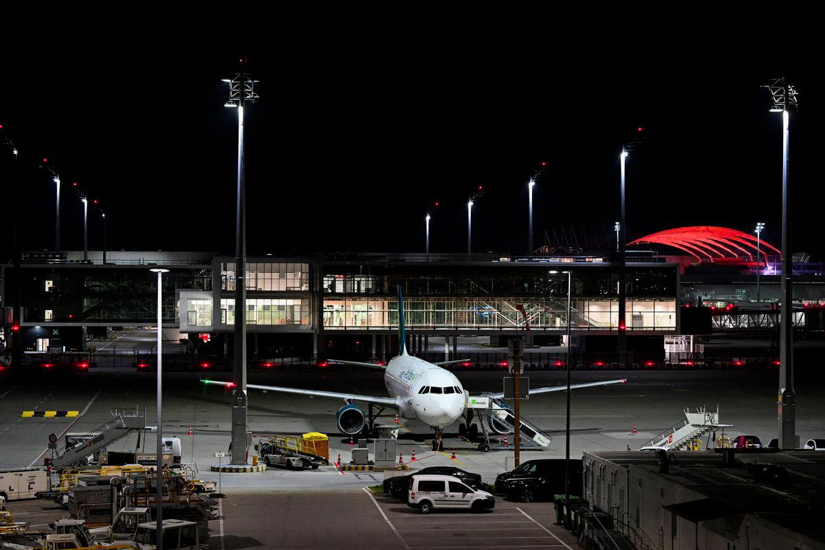 An airplane is parked at the airport in Munich, Germany, October 4, 2025, after both runways were closed on Friday evening for the second time in less than 24 hours, with the captain on an aircraft whose departure was canceled telling passengers that drones had once again been sighted. - REUTERSPIX