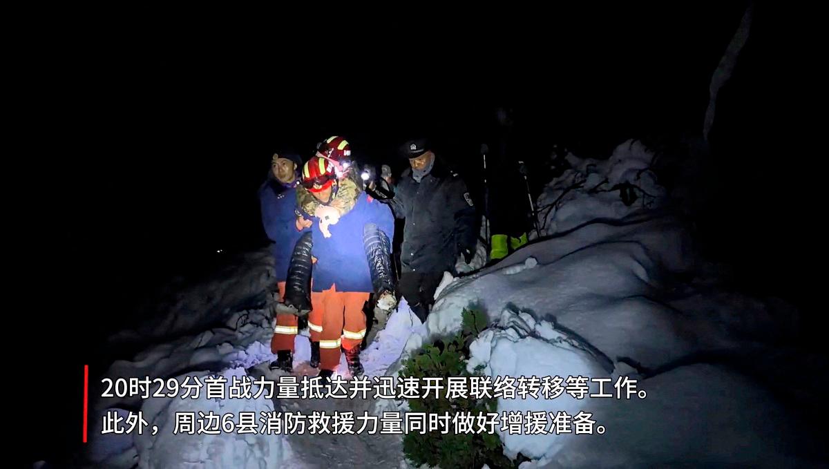 Tibetan firefighters rescue trekkers from Everest after they were stranded by a blizzard, in Tingri, Tibet Autonomous Region, China, in this screen grab taken from video released on October 6, 2025. - Tibet Firefighting Department/Handout via REUTERS