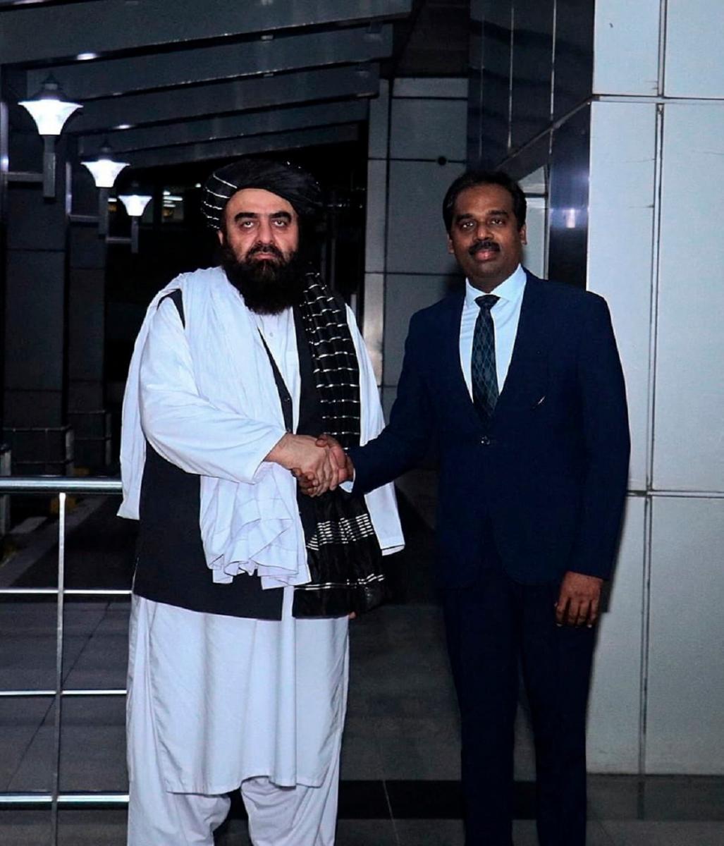 Taliban Foreign Minister Mawlawi Amir Khan Muttaqi is welcomed on his arrival at New Delhi, India October 9, 2025. - Randhir Jaiswal via X/Handout via REUTERS