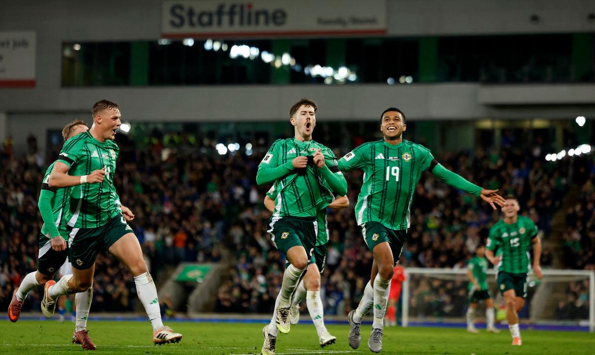 Northern Ireland’s Trai Hume celebrates scoring their second goal with Danny Ballard and Shea Charles. Reuterspix