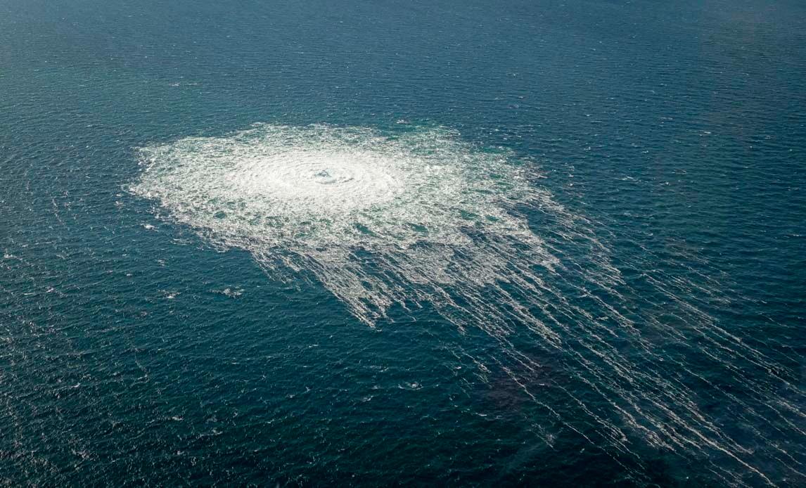 Gas bubbles from the Nord Stream 2 leak reaching surface of the Baltic Sea in the area shows disturbance of well over one kilometre diameter near Bornholm, Denmark, September 27, 2022. - Danish Defence Command/Handout via REUTERSPIX