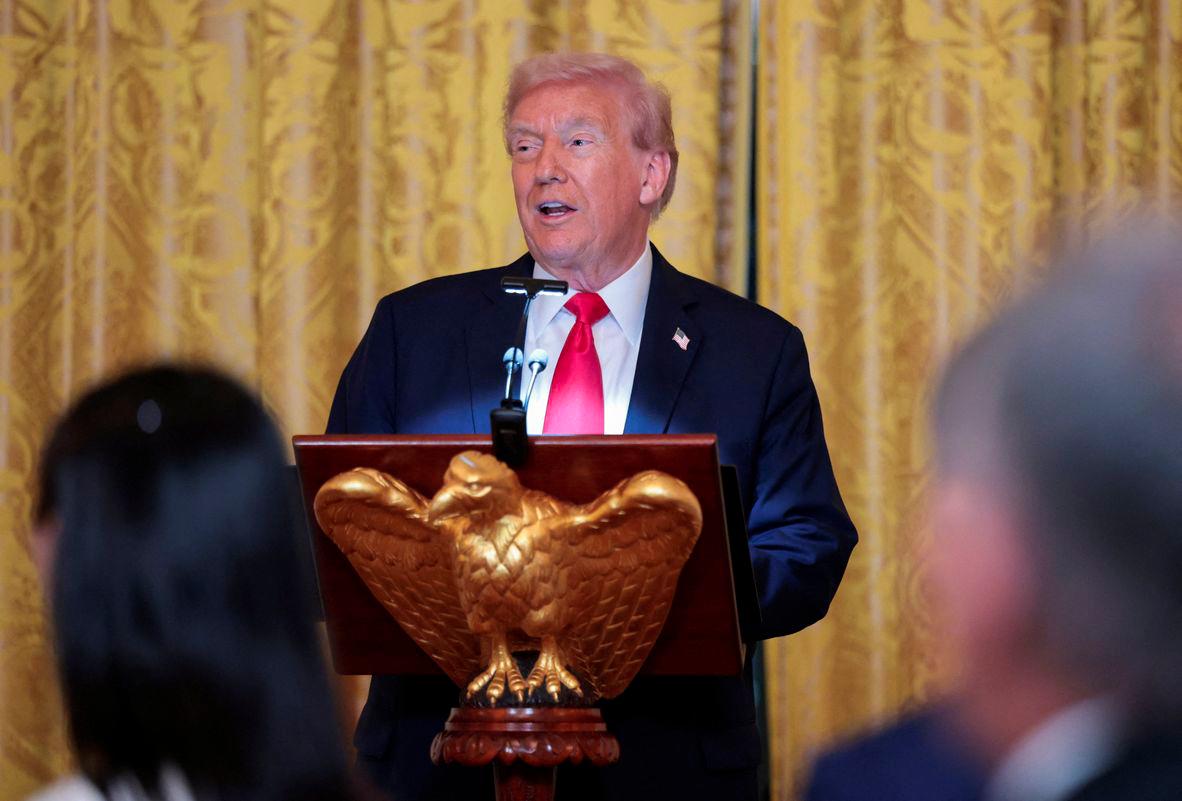 U.S. President Donald Trump speaks during a ballroom dinner in the East Room at the White House in Washington, D.C., U.S., October 15, 2025. - REUTERSPIX