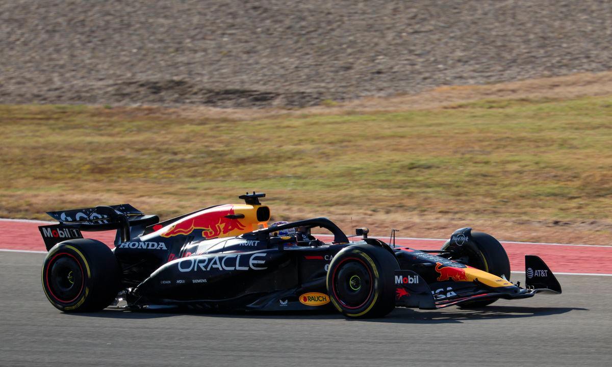 Oct 17, 2025; Austin, TX, USA; Oracle Red Bull Racing driver Max Verstappen (1) of Team Netherlands qualifying for the Sprint race for the Grand Prix at Circuit of The Americas Austin. Mandatory Credit: Thomas Shea-Imagn Images via REUTERSPIX