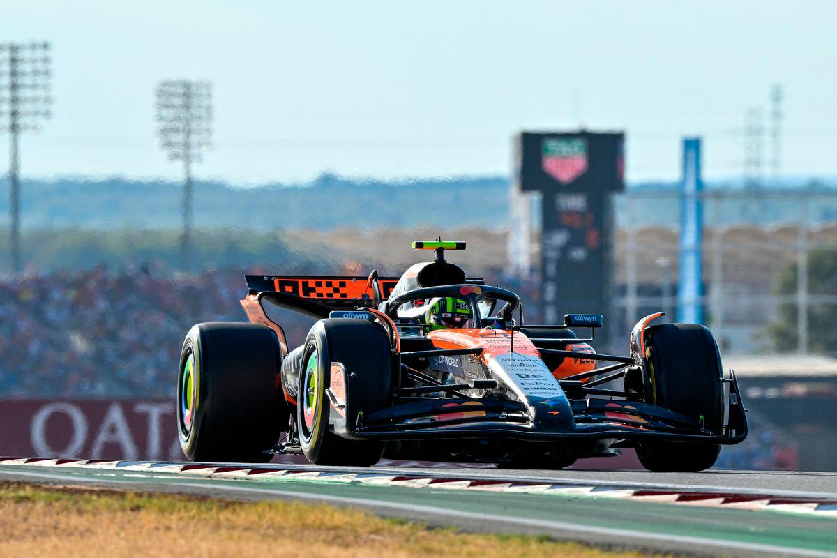 Oct 17, 2025; Austin, TX, USA; McLaren Formula 1 driver Lando Norris (4) of Team Great Britain drives during qualifying for the Sprint race in the US Grand Prix at Circuit of The Americas Austin. Mandatory Credit: Jerome Miron-Imagn Images via REUTERSPIX