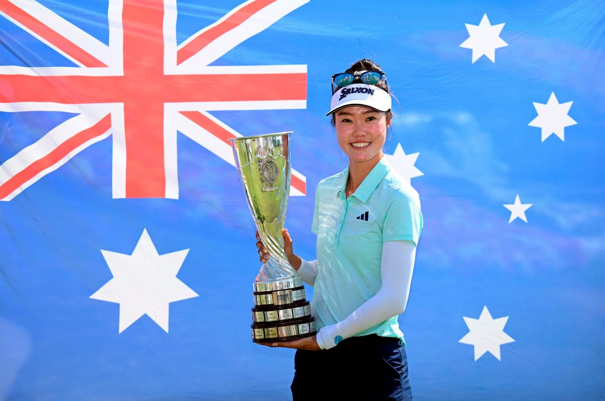 Australia’s Grace Kim poses with the trophy after her victory on the first playoff hole after the final round of the Amundi Evian Championship at Evian Resort Golf Club, in Evian-Les-Bains, eastern France. – LPGA/Getty Images