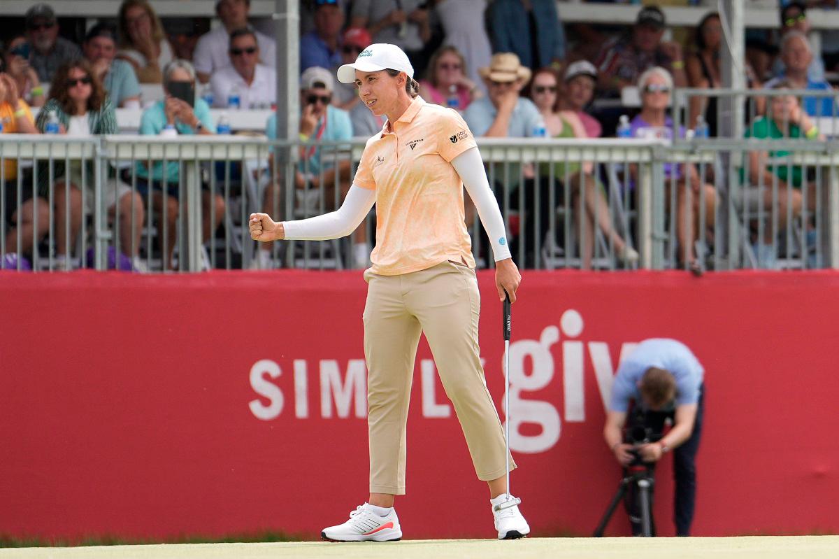 Carlota Ciganda of Spain reacts on the 18th green after winning the Meijer LPGA Classic for Simply Give 2025 at Blythefield Country Club. – Getty Images