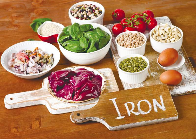 $!Foods high in iron, includes eggs, nuts, spinach, beans, seafood, liver, sesame, chickpeas, tomatoes.