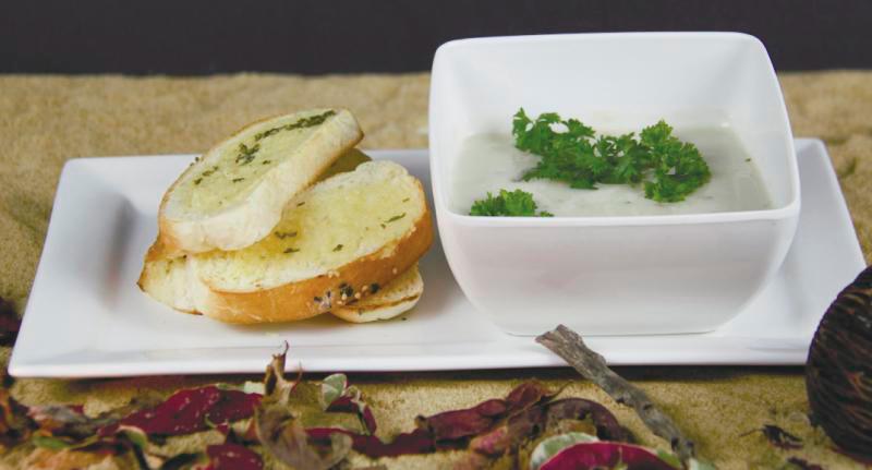 $!Mushroom soup with garlic bread.