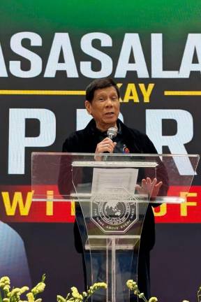 Former philippine president Rodrigo Duterte speaks during a gathering with the Philippine community in Hong Kong at the city’s Southorn Stadium on March 9, 2025. AFPpix