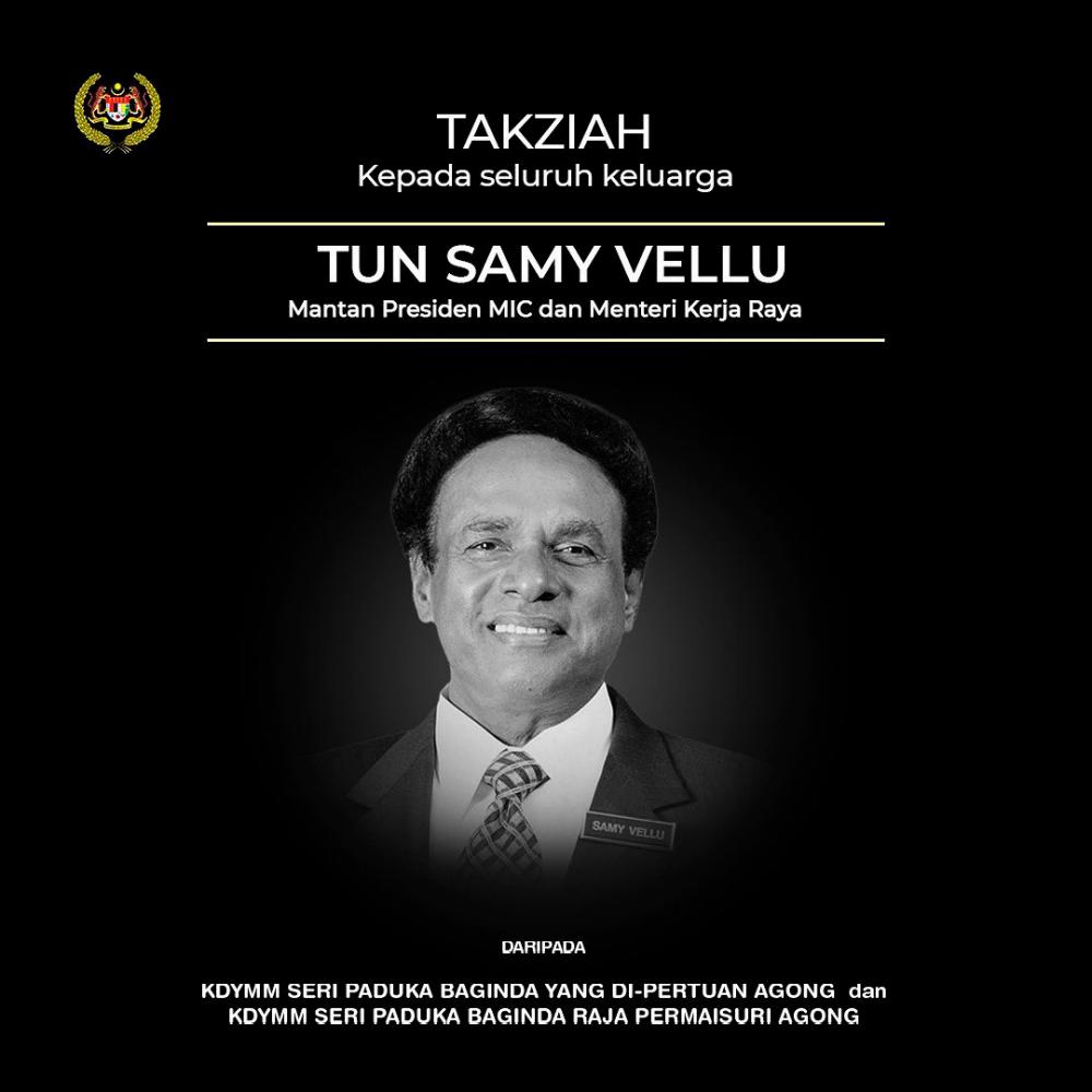 Agong, Permaisuri zahir takziah kepada keluarga Tun Samy Vellu