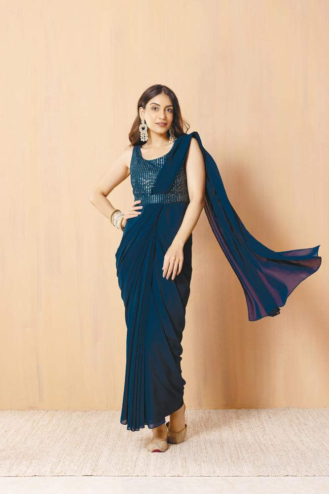 $!A unique pre-stiched saree piece perfect for party wear .Pic provided by Indya or @indya_my
