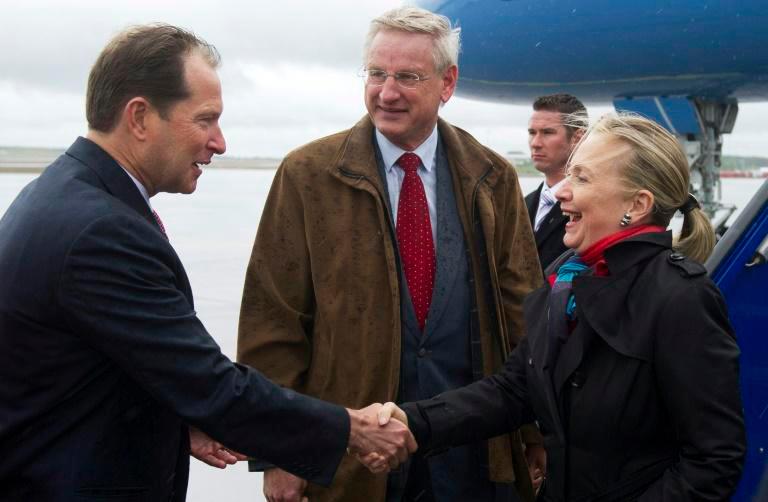 Mark Brzezinski (left), tapped as US ambassador to Poland, greets then secretary of state Hillary Clinton when he was ambassador to Sweden in 2012. — AFP