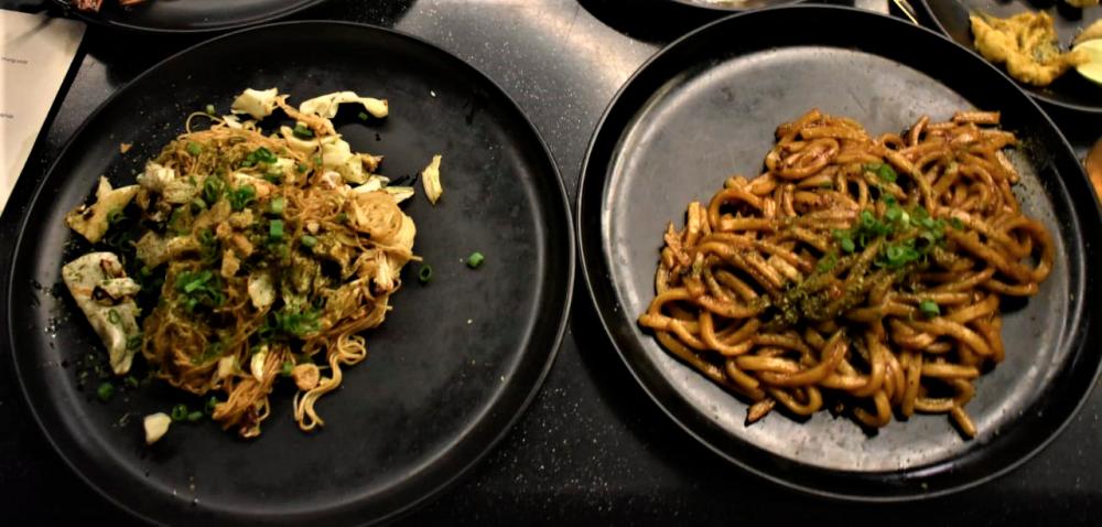 $!PG13 Udon noodles (right) and their Rated R thin stir-fried noodles (left).