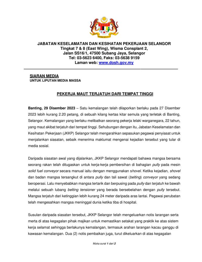 JKKP Siasat Insiden Pekerja Kilang Kitar Semula Maut Terjatuh Ketika ...