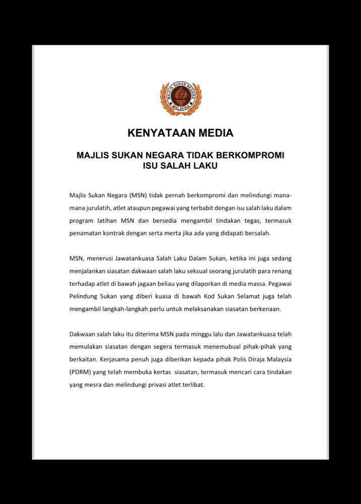 Ihsan gambar: Majlis Sukan Negara Malaysia FB