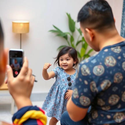 Parents taking pictures of their children for social media. - AI illustration.