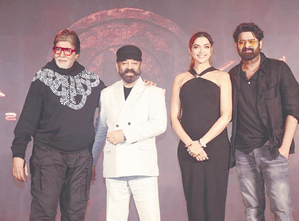 $!(From left) The star-studded cast Amitabh, Kamal, Deepika and Prabhas.