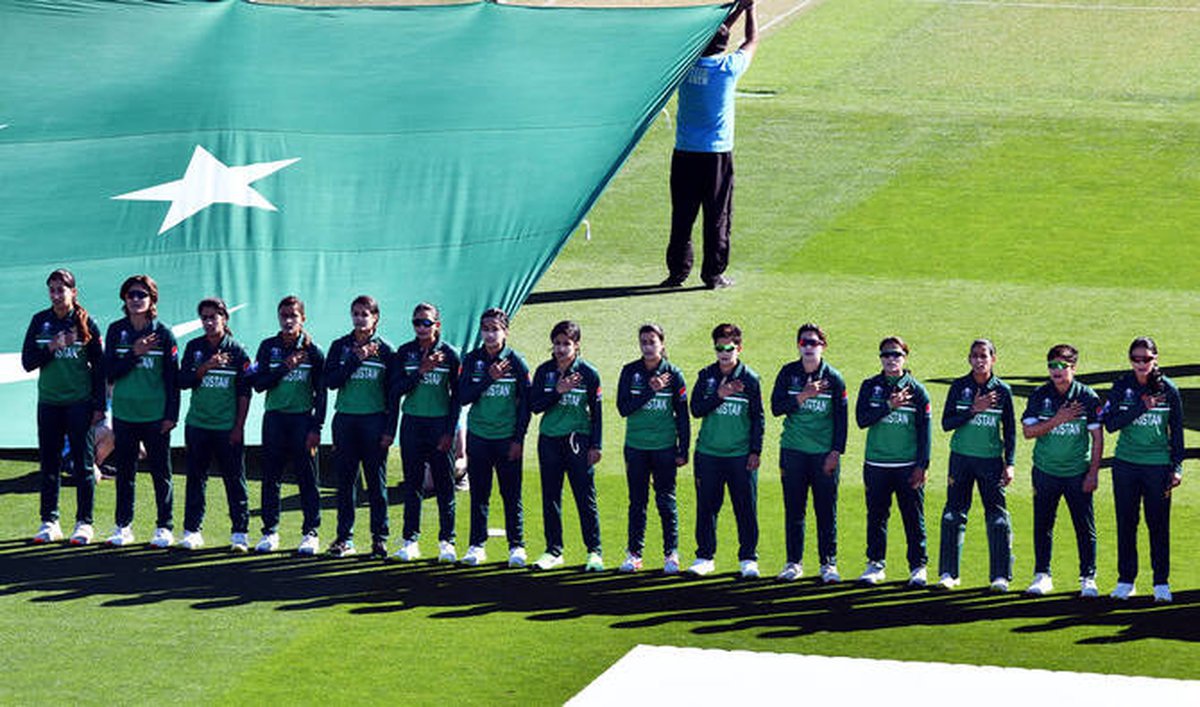 Pakistan team line up for the national anthems during the Women’s Cricket World Cup match between New Zealand and Pakistan at Hagley Oval in Christchurch on March 26, 2022. - AFPpix