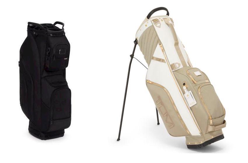 (L to R): TUMI Golf Cart Bag in Black and Golf Stand Bag in Off-White/Tan.