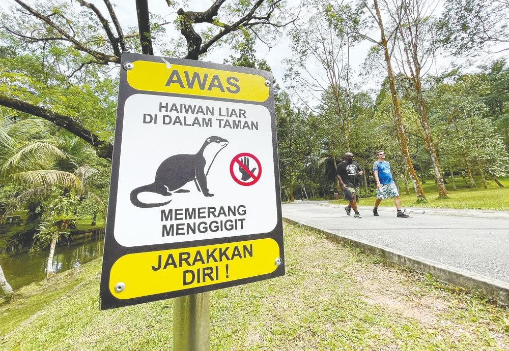 A signboard has been put up at the botanical garden to warn visitors of the presence of otters.– ADIB RAWI YAHYA/ THESUN