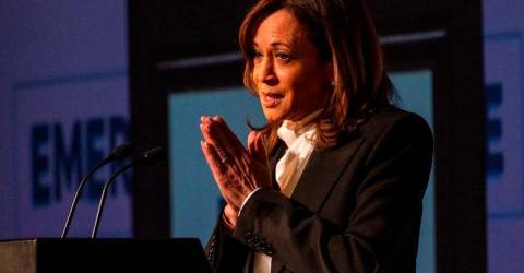 Ex-VP Harris says Trump’s America is ‘self-serving’