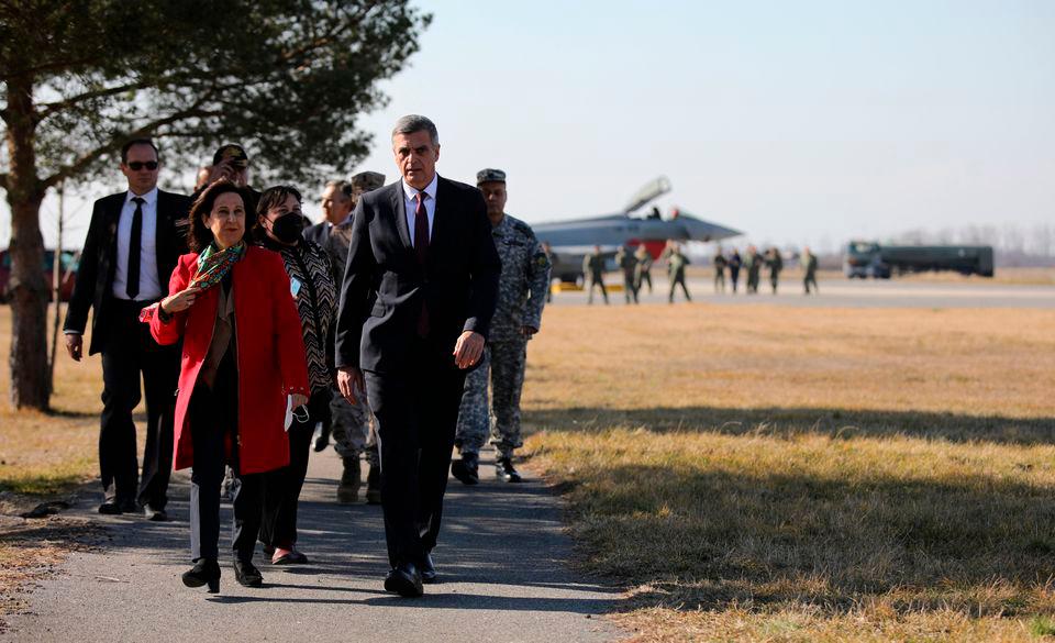 Bulgaria’s Defence Minister Stefan Yanev and Spain’s Defence Minister Margarita Robles inspect the joint air police activities carried by Bulgarian and Spanish pilots and jets at Graf Ignatievo Air Base, Bulgaria, February 21, 2022. REUTERSpix