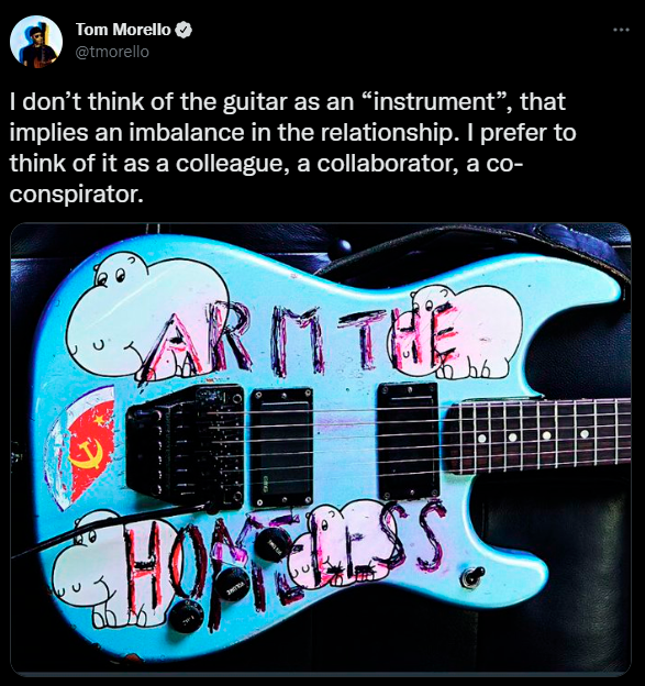 $!Morello said he liked the contrast between the line “Arm the homeless” and the images of the laughing hippos he sketched on the instrument. – TWITTER/@TMORELLO