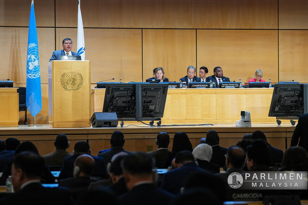 Dewan Rakyat Speaker Tan Sri Johari Abdul during his speech at the Sixth World Conference of Speakers of Parliament in Geneva. (Credit: Dato’ Johari Abdul / Facebook)