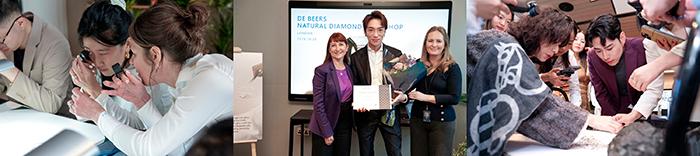 $!From left to right - Experts from De Beers Institute of Diamonds instructing media to use appraisal techniques; Sandrine Conseiller (far left), CEO of De Beers brands and Jodine Bolden, Director of Education of De Beers Institute of Diamonds (far right) presenting natural diamond workshop certificate to media; Influencers admiring rough coloured natural diamonds.