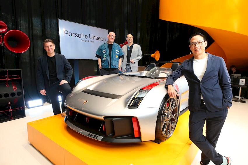 Stefan Bogner (second from left), Founder and creative visionary of Curves Magazine, Chanond Ruangkritya (far right), President and Chief Executive Officer, Ananda Development, Yannick Ott (far left), Marketing Director of Porsche Asia Pacific, and Winthorn Bunnag (third from left), Acting Managing Director of Porsche Thailand by AAS Group, were pictured with Porsche Taycan Turbo S in Celestial Jade at the launch of the “Porsche Unseen Design Studies” at Curvistan Bangkok.