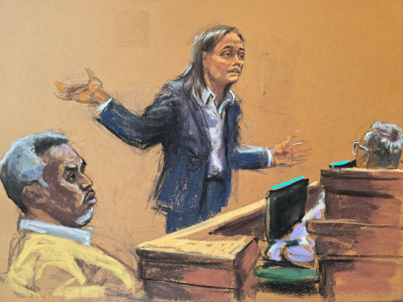 Sean “Diddy” Combs listens as prosecutor Maurene Comey makes her closing arguments during Combs’ sex trafficking trial in New York City, New York, U.S., June 27, 2025, in this courtroom sketch. - REUTERS