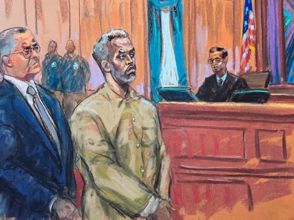 Sean “Diddy” Combs stands next to his attorney Marc Agnifilo as he is arraigned on a superseding indictment ahead of his May trial on sex trafficking charges, in New York, U.S., in this courtroom sketch.